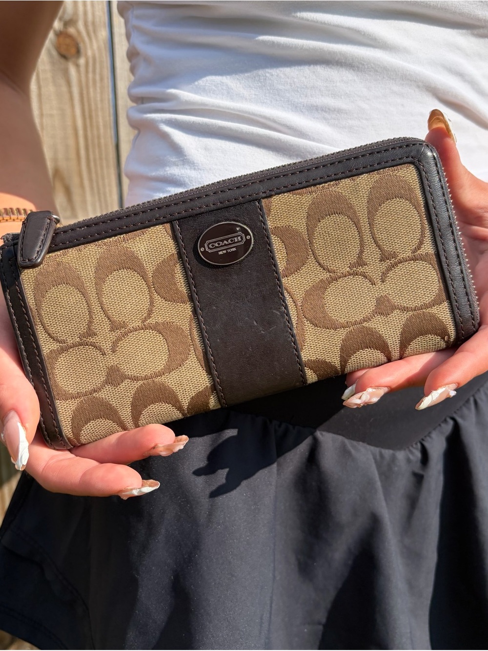 Coach Heritage Stripe Signature Accordion Zip Wallet